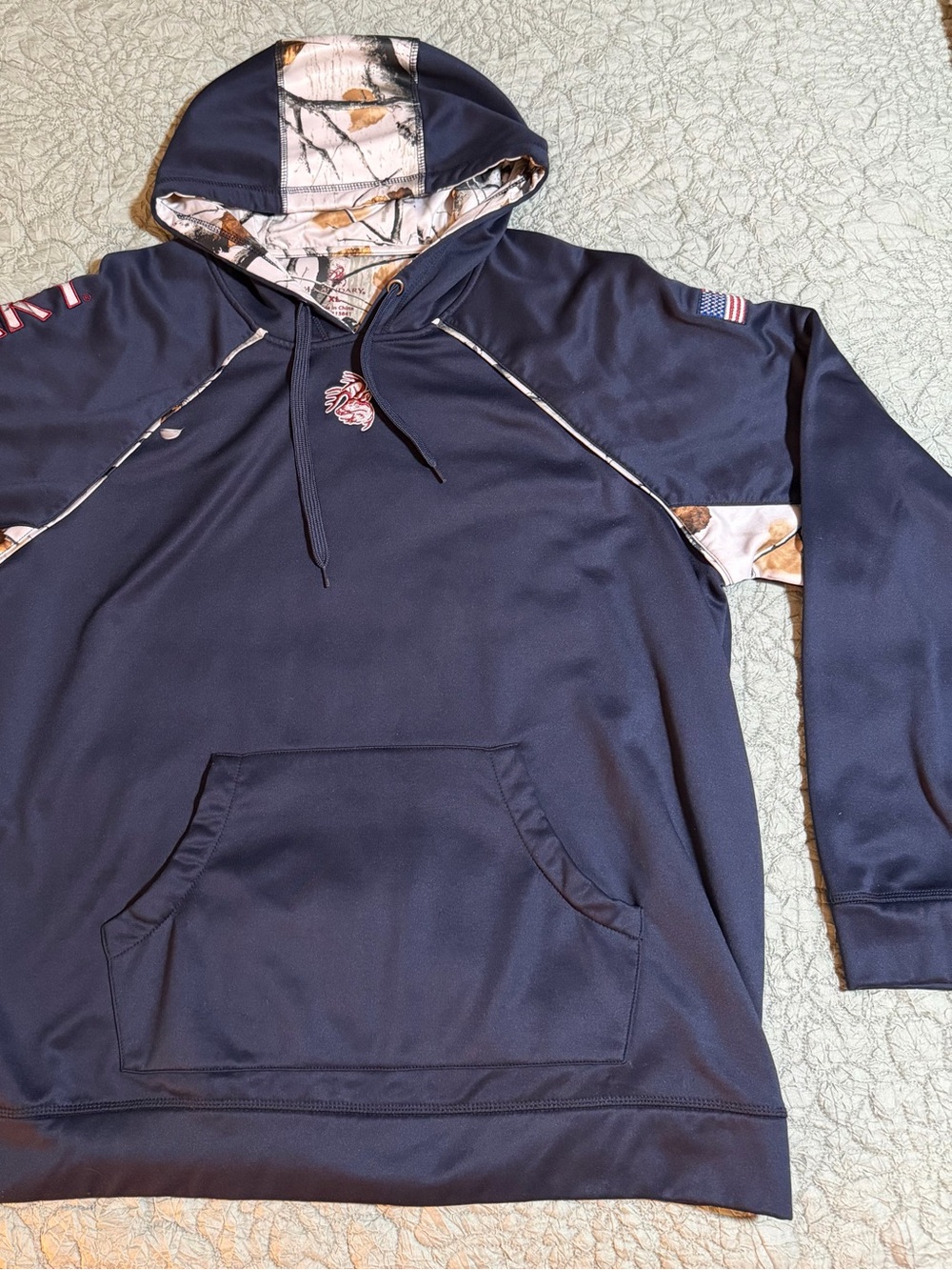Legendary Whitetails Men's Navy Hooded Pullover with Camo Trim